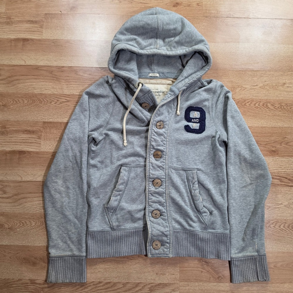 Vintage Abercrombie Fitch Y2K Muscle Hoodie Mens M Gray Button Varsity 9 Y2k